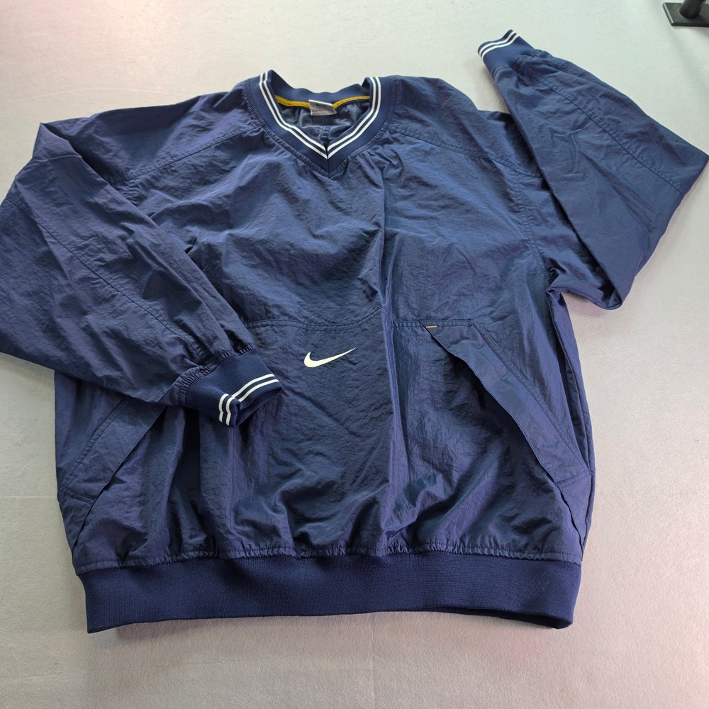 Vintage Nike 90s Navy Blue V-Neck Pullover Windbreaker Mens L Swoosh Y2K